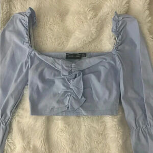 PrettyLittleThing baby blue long-sleeve ruffled crop-top
